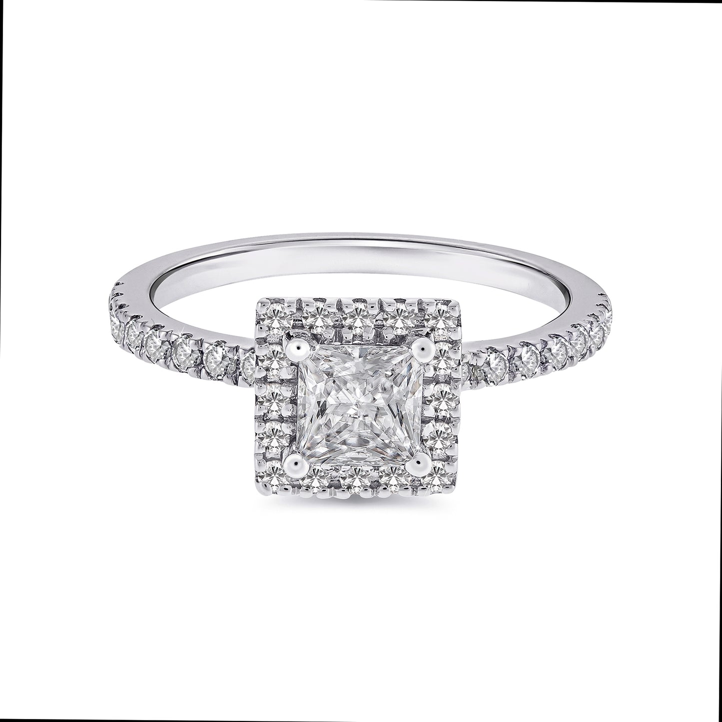 solitaire diamant Carré Princesse épaulé et entourage 4 griffes